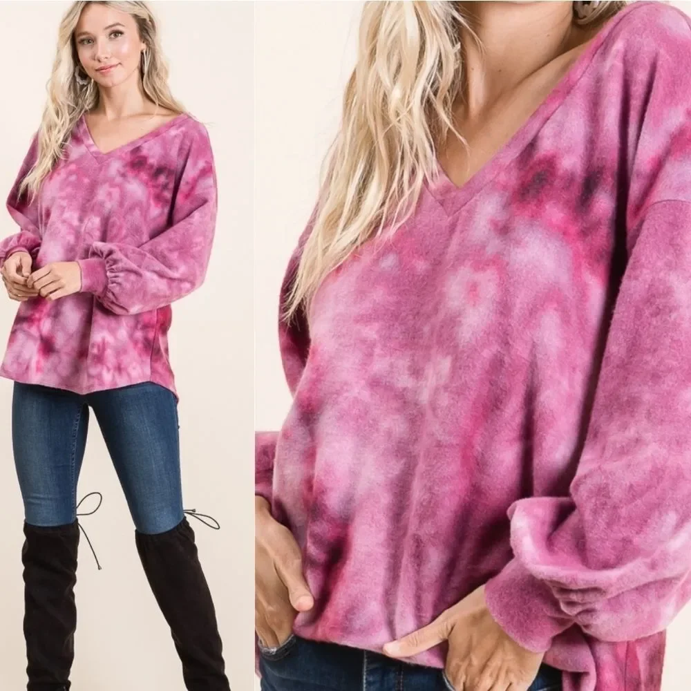 Magenta V-Neck Tie Dye Soft Sweater - Picture 3 of 5